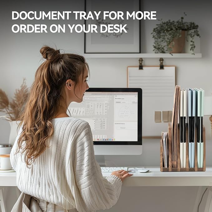 KIRIGEN Wooden Mail Organizer, 5-Slot File Holder for Desk, Brown 5K-DBR | Five Upright Compartments Sort Mail, Bills, Folders, Papers, Notebooks, and Envelopes; 9.84 x 7.48 x 7.08 In, No Assembly - Image 5