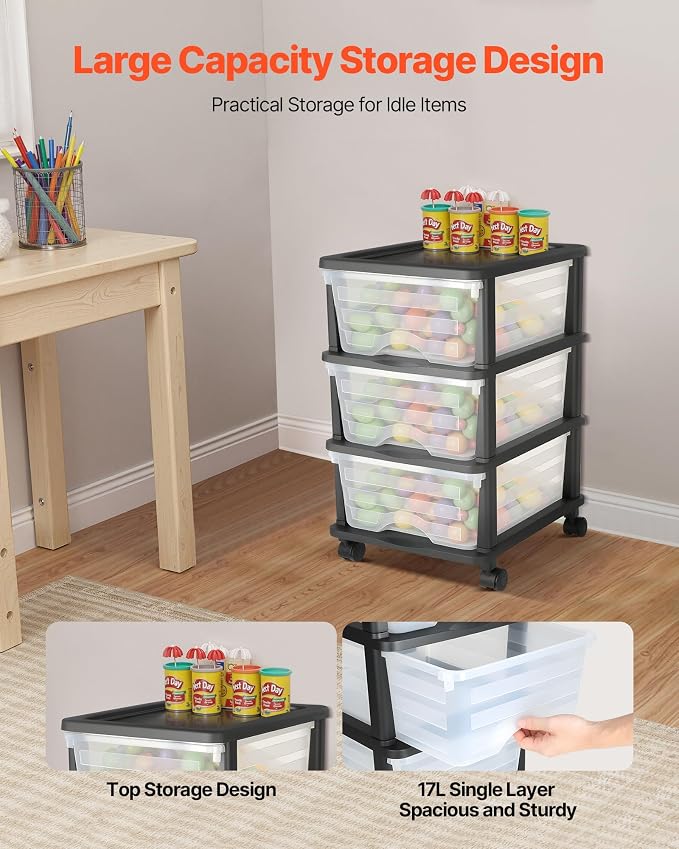 VEVOR Plastic Storage Drawers Cart, 3 Drawers Storage Organizer with Wheels, Rolling Closet Organization and Storage Dividers, Dresser Organizer Clear Bins for Office Supplies, Craft Rooms, Classrooms - Image 4