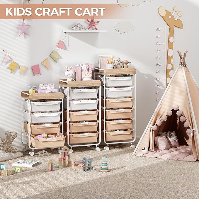 SYKIARIOL Rolling Storage Utility Cart with 4 Drawers,Art Cart,Pearl | Kids Craft Cart,Makeup Organizer and Storage with Wooden Tabletop - Image 5