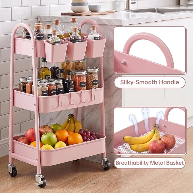 danpinera 3-Tier Rolling Cart, Utility Cart Mobile Metal Rolling Storage Cart with Lockable Wheels & Hanging Cups & Hooks for Kitchen, Bathroom, Office, Workshop, Pink - Image 3