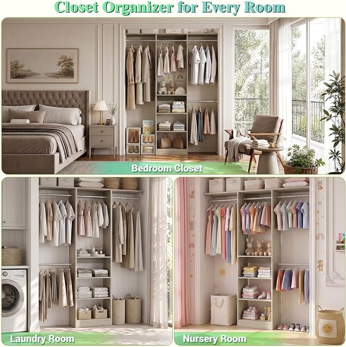 Besiost 4FT Small Closet Organizer System with 4 Hanging Rods & 3 Shelves | 48" Closet System for Small Closets, 80" H Small Closet Organizers and Storage for Bedrooms, Cloakrooms, White Oak - Image 4