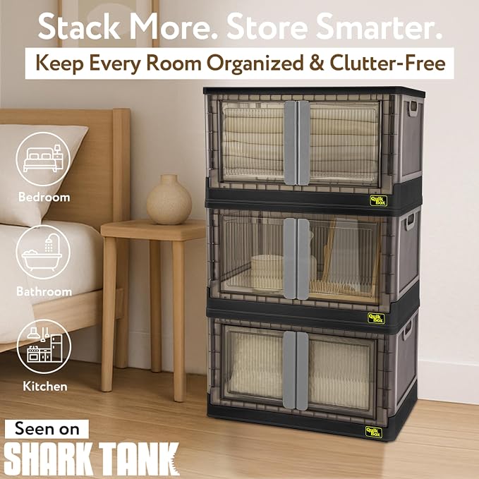 Quik Box - 19 Gallon 3 Pack Stackable Storage Bins with Doors, Collapsible Organizer Foldable Container, for Bedroom Living Room Neat, Tidy Dorms and Organized Homes, Boxes - Image 2