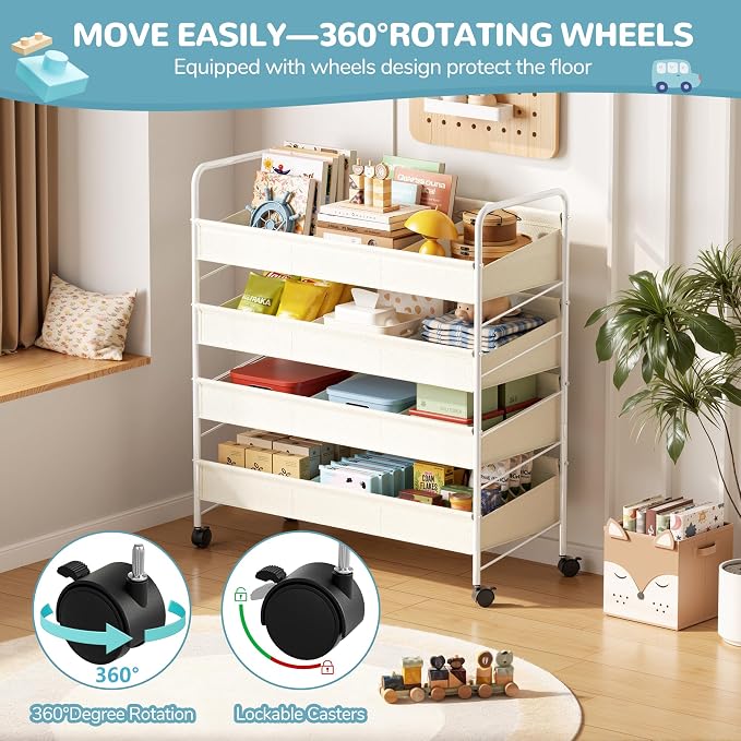 Kids Toy Storage Organizer with 4 Shelves & Wheels for Playroom | White, Large Size, Steel Frame & Oxford Fabric, Rolling Casters with 2 Locks, Safe Rounded Edges, Easy Assembly - Image 4