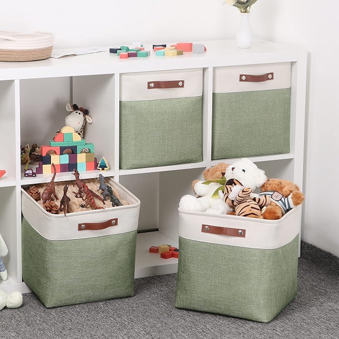 Temary Cube Storage Baskets for Shelves 4pack Fabric Storage Basket for Organizing Clothes, 13 Inch Storage Cubes with Leather Handles, Closet Baskets (White&Green) - Image 6
