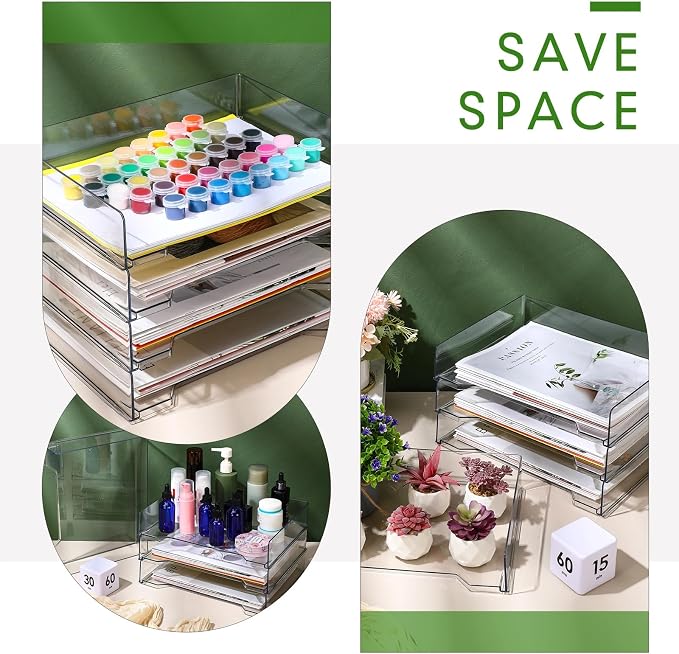 DoubleFill 4 Pcs Stackable Letter Tray Plastic Paper Tray, Clear | 13 x 9.5 x 2.6 In, Rectangular, Paper Holder, File Tray for Desktop Office Desk Drawers - Image 5