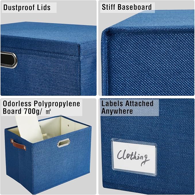 17" Large Fabric Storage Box with Lids, 3-Pack, Navy | Stackable, Foldable, 2 PU Handles and 2 Metal Handles, Decorative Fabric, For Home, Bedroom, Closet, Office, Nursery - Image 4