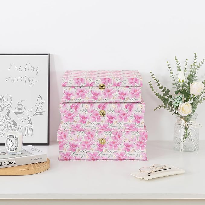 Soul & Lane - Pink Floral Boxes with Gold Hardware, Set of 3, Garden Blush | Stacking Keepsake Boxes with Lids for Home Decor and Organizing, Large Elegant Cardboard Gift and Memory Storage - Image 2