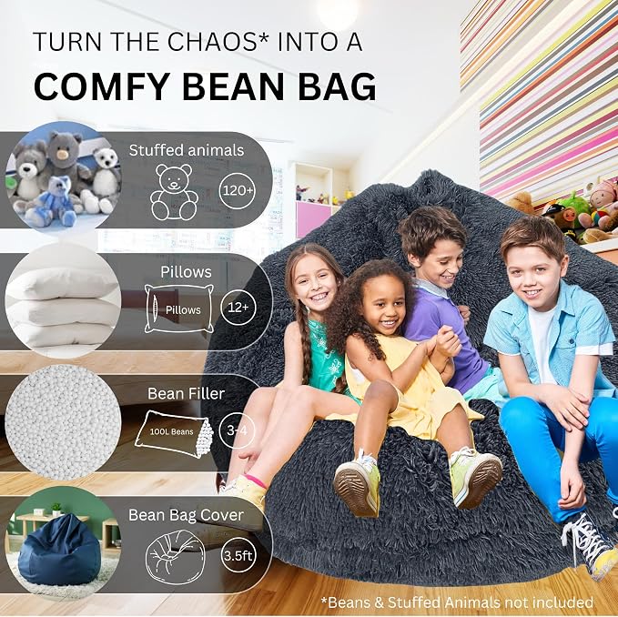 Bean Bag Stuffed Animal Storage Chair Cover (No Filler) for Kids and Adults. Extra Large Bird's Nest Beanbag Memory Foam Soft Premium (Castlerock Grey, 3.5 ft (Cover Only)) - Image 3
