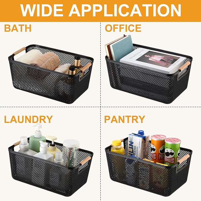 Tioncy 4 Pcs Plastic Mesh Baskets with Wood Handle Woven Mesh Storage Organizer Bins Multi-function Rectangle Baskets for Home Pantries Shelves Closet Kitchens Bedrooms(13.98 x 9.02 x 6.38 Inches) - Image 7