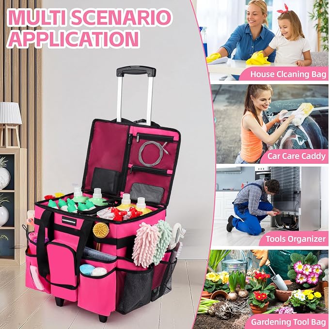 Large Rolling Cleaning Caddy Bag, Cleaning Caddy with Wheels with Detachable Trolley for Housekeepers, Water Resistant Cleaner Supplies Organizer with Wheels for Kitchen, Car, Picnic (Rose-Red) - Image 6