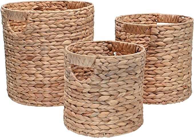 happimess Avery 3-Piece Cylinder Nesting Baskets 13", Natural | Hyacinth, Bohemian Cottage Style, Handwoven Wicker, Iron Metal Frame, Decorative Storage For Toys And Books, Built In Handles by Happimess