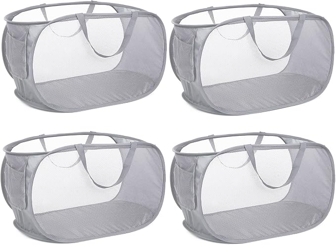 4 Pack Collapsible Laundry Baskets, Foldable Laundry Basket with Pocket, Durable Pop Up Hampers, Reinforced Handles Dirty Clothes Hamper for Laundry, Bedroom, Bathroom, Dorm, Travel or Camping Grey by Bemkoo