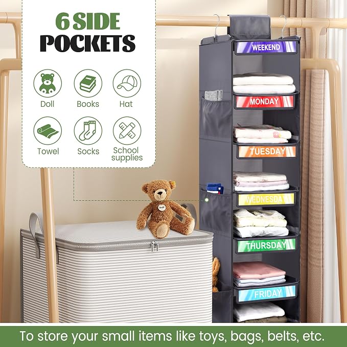 6-Shelf Weekly Clothes Organizer for Kids, Hanging Daily Closet Organization with 6 Side Pockets, Days of The Week Clothing Divider Storage for Boys and Girls (Grey) - Image 5