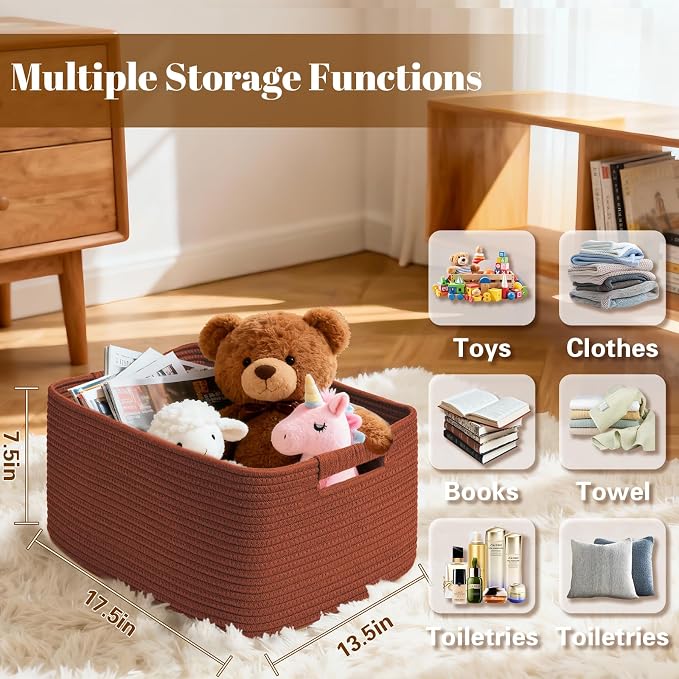 3 Pack Large Storage Basket for Organizing, 17.5"x13"x7" Woven Basket for Shelves, Closet Cube Storage Bins with Wrapped Handle, Cotton Rope Baskets for Kitchen, Clothes, Toys(Oxide Red) - Image 2
