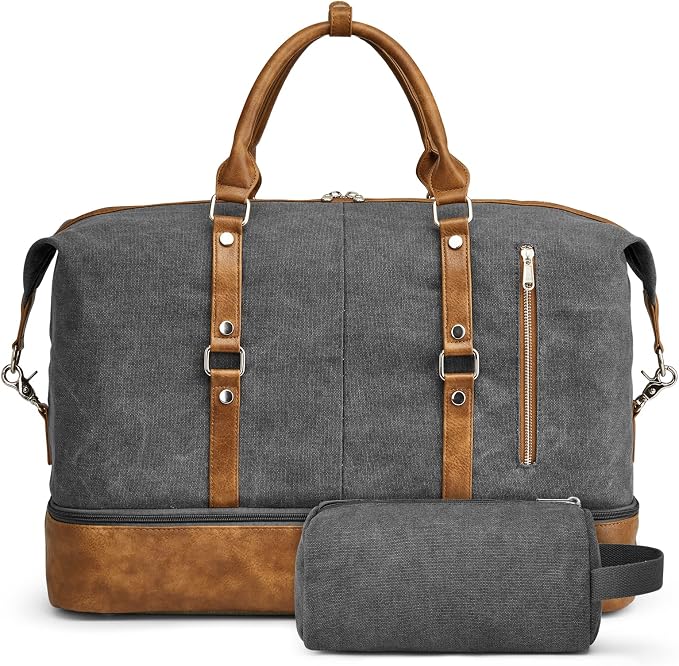 S-ZONE Weekender Bag for Men Large Canvas Duffle Overnight Travel Bag Grey | Anti-wrinkle Canvas,Adjustable Shoulder Strap,1 Main Compartment and 7 Pockets,with Shoe Compartment by S-ZONE