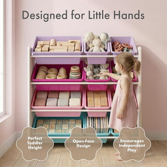 Humble Crew Kids Toy Organizer with 12 Bins, 4 Tier Storage for Playroom | Sturdy wood and steel toddler shelf, removable BPA-free containers, wall anchor anti-tip safety kit for bedroom or classroom - Image 2