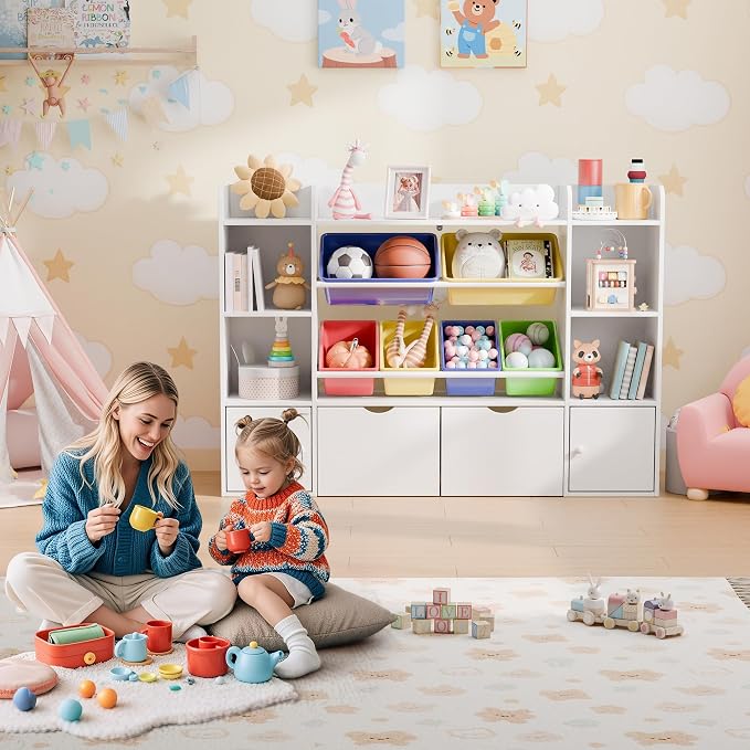Xilingol Kids Storage Organizer W/6 Removable Bins, 4-Tier Organizers W/6 Storage Cubbies and 2 Movable Drawers, Kid Bookshelf and Storage for Playroom, Bedroom, Kids Room (Multicolor) - Image 7