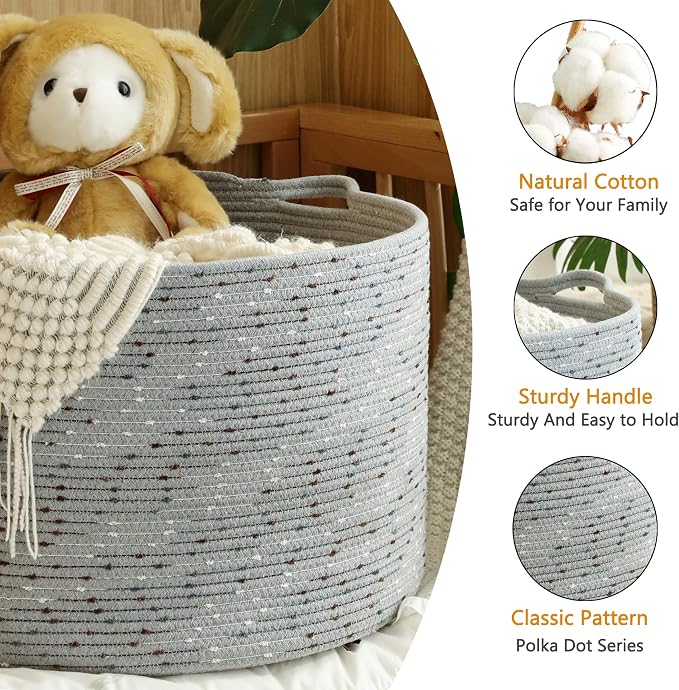 KAKAMAY Large Blanket Basket (20"x13"),Woven Baskets for storage Baby Laundry Hamper, Cotton Rope Blanket Basket for Living Room, Laundry, Nursery, Pillows, Grey with Blue & Brown Dotted | Extra Large Capacity | Natural Cotton Rope | Blanket Storage | ... - Image 3