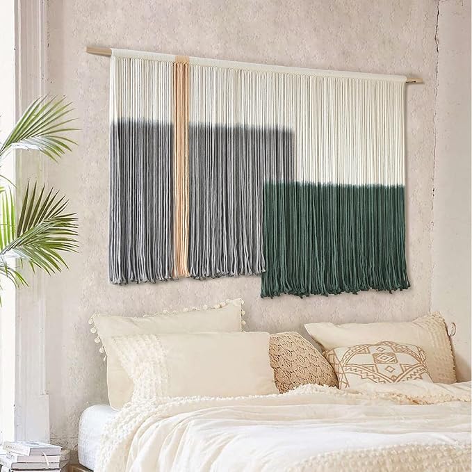 Macrame Wall Hanging Green Large Dip Dye Fiber Wall Art Bohemian Yarn Tapestry Wall Décor 57''W*35''L | Hand Dyed Yarn Wall hanging, Green Dip Dye Design, Boho farmhouse style, for Living Room Bedroom office entryway, home decor - Image 4