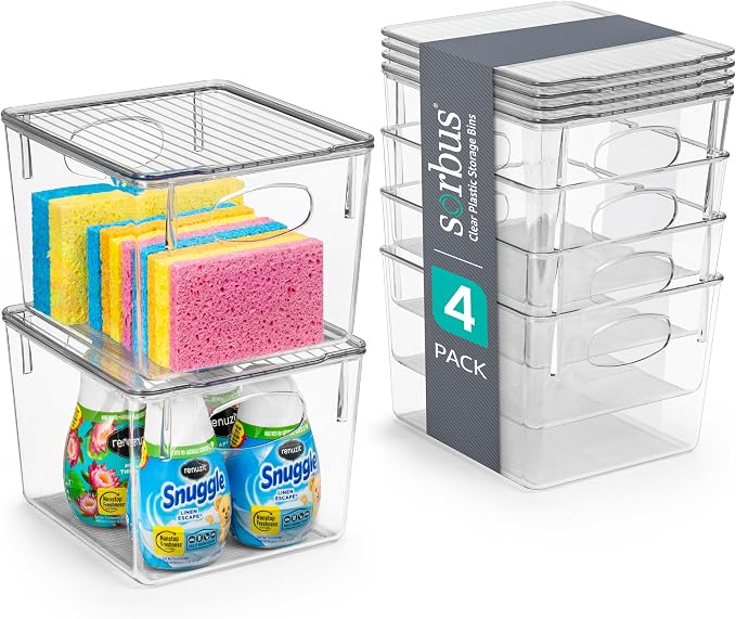 Sorbus Medium Clear Plastic Storage Bins with Lids, Clear Stackable Storage Bins, Laundry Room Organizer Bins, Office, Classroom, Playroom, Bathroom, Laundry Room Organization and Storage (4 Pack) by Sorbus