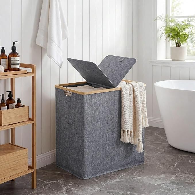 efluky Laundry Hamper with Lid, Double Laundry Basket with 2 Removable Bags, 2 Section Laundry Bin with Bamboo Handles for Bathroom, Bedroom & Laundry Room, 140L (36.9 Gallon) Blue Grey - Image 7