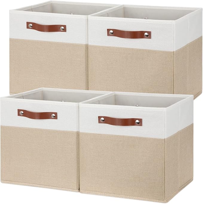 Temary Fabric Storage Cubes - 12 Inch Collapsible Bins (4Pack) - Empty Gift Baskets for Organizing Shelves, Closets, Nursery (White & Khaki) by TEMARY