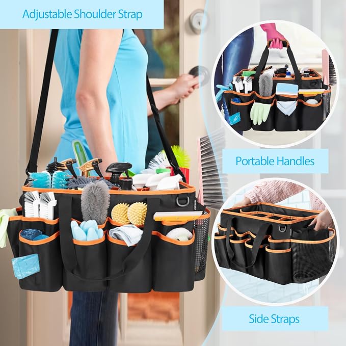HODRANT Extra-large Wearable Cleaning Caddy with Pad, Handle & Divider | Cleaning Organizer Bag for Clean Products, Housekeeper Tote Car Wash Tools Bag for Detailing Supplies, Bag Only, Orange Edge - Image 5
