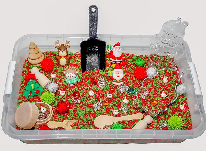 Christmas Sensory Bin Kit for Kids | Christmas Theme Red & Green Rice, Xmas Accessories, Santa Claus & Wooden Tools – Includes Clear Storage Bin by Unknown