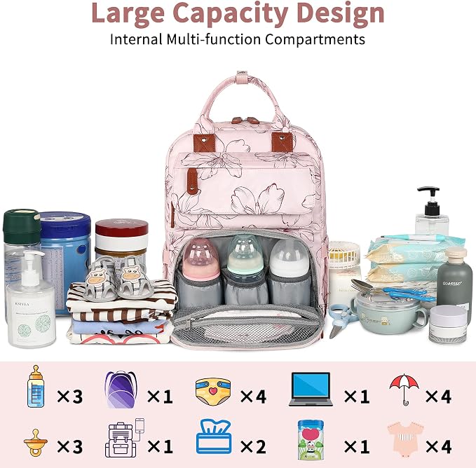 Diaper Bag Backpack, Baby Girl Diaper Bag for Mom, Large Pink Floral Diaper Bag Backpack for Girls, Waterproof Mom Backpack for Work Travel Holiday with Insulated Pockets and Stroller Straps - Image 7