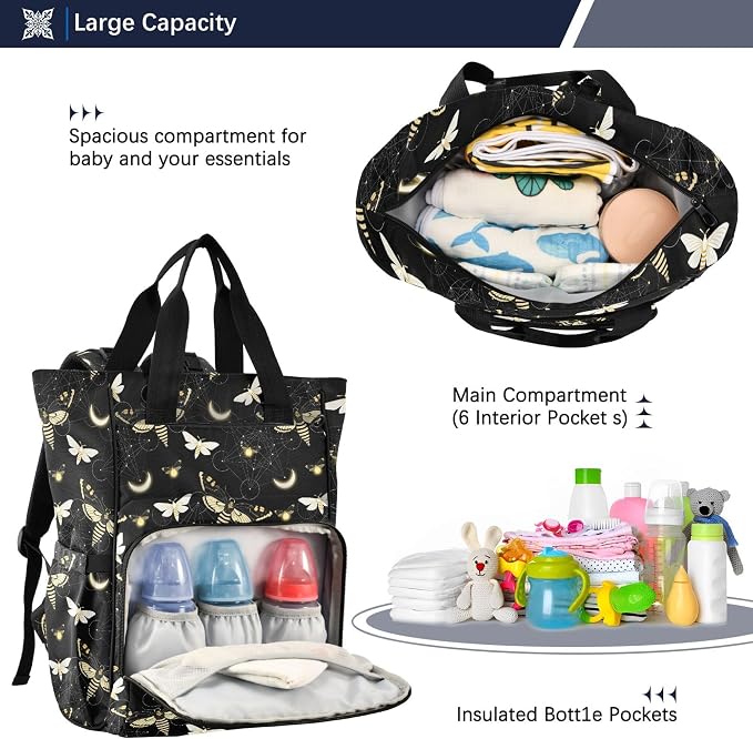 Mnsruu Diaper Bag Goth Death Moth Butterfly Large Changing Backpack Multifunction Travel Tote Mommy Bag Baby Diaper Backpack for Mom Dad - Image 4