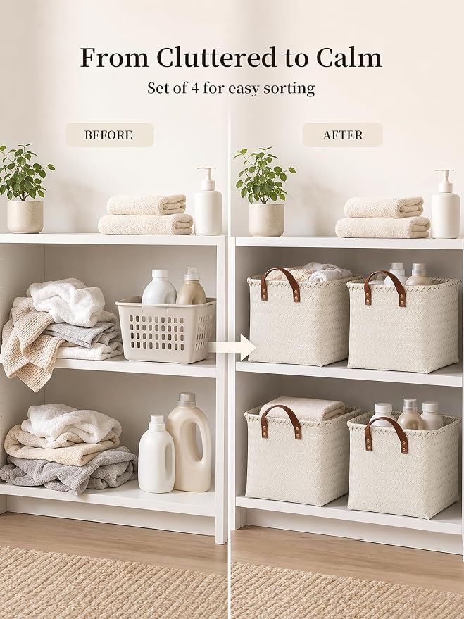 Wicker Storage Baskets, 4 Pack Woven Baskets for Shelves, White | PP Rattan, Water-resistant Wicker Basket, Large Baskets with Faux Leather Handles for Blanket, Laundry Organizer, Room Decor - Image 4