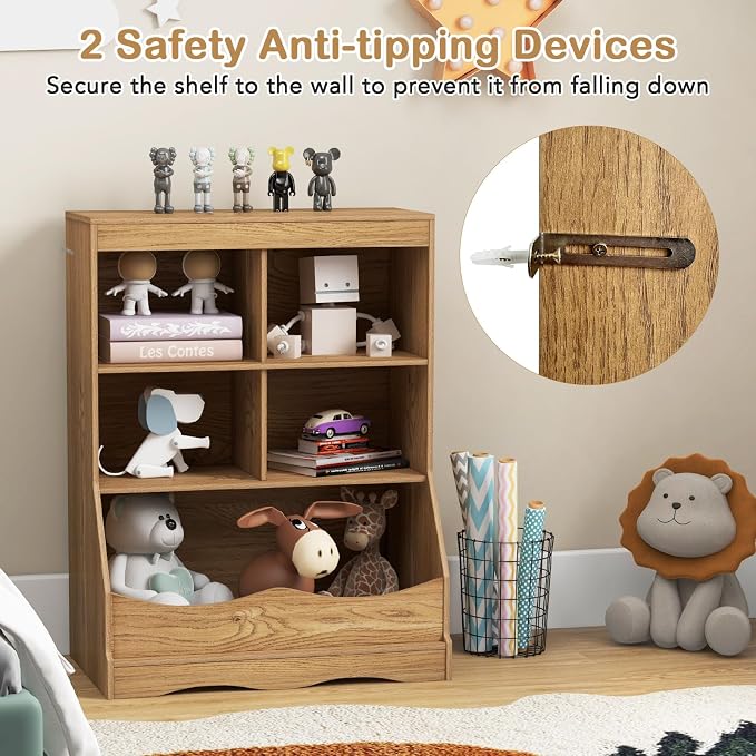 HONEY JOY Kids Toy Storage Organizer with Bookcase, 4-Cubby Organization Storage Cabinet w/Display Shelf, Wooden Toy Storage Unit for Playroom, Nursery Daycare (Natural) - Image 5