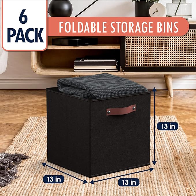 Ornavo Home 13x13 Foldable Fabric Storage Cube Bins, 6 Pack, Black | Collapsible Linen Shelf Basket Organizer; Leather Handles; Ideal Cube Storage For Closet - Image 6