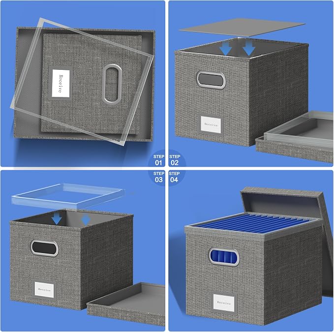 File Organizer Box - File Boxes for Hanging Files with Lid Set of 3 Decorative Hanging Folders Organizer with One-Piece Plastic Frame Slides (Grey, 13.2 * 10.1 * 10.1in(3Pack)) - Image 3
