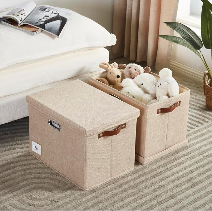17" Large Fabric Storage Box with Lids, 3-Pack, Khaki | Stackable, Foldable, 2 PU Handles and 2 Metal Handles, Decorative Fabric, For Home, Bedroom, Closet, Office, Nursery - Image 2