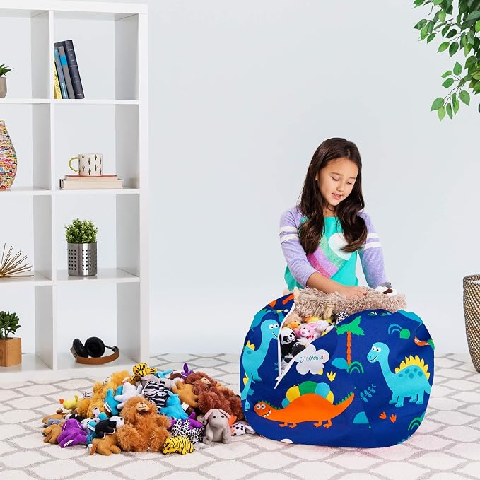 Posh Stuffable Kids Stuffed Animal Storage Bean Bag Chair Cover - Childrens Toy Organizer, Medium-27 - Canvas Dinos on Blue - Image 5