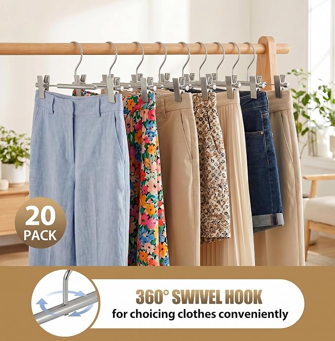 VWV 20 Pack Pants Hangers with Clips, 12.4 Inch Aluminum Skirt Hangers with 360° Swivel Hooks, Heavy Duty Space Saving Closet Hangers for Jeans, Slacks, Shorts(Matte Pearl Nickel - Image 5