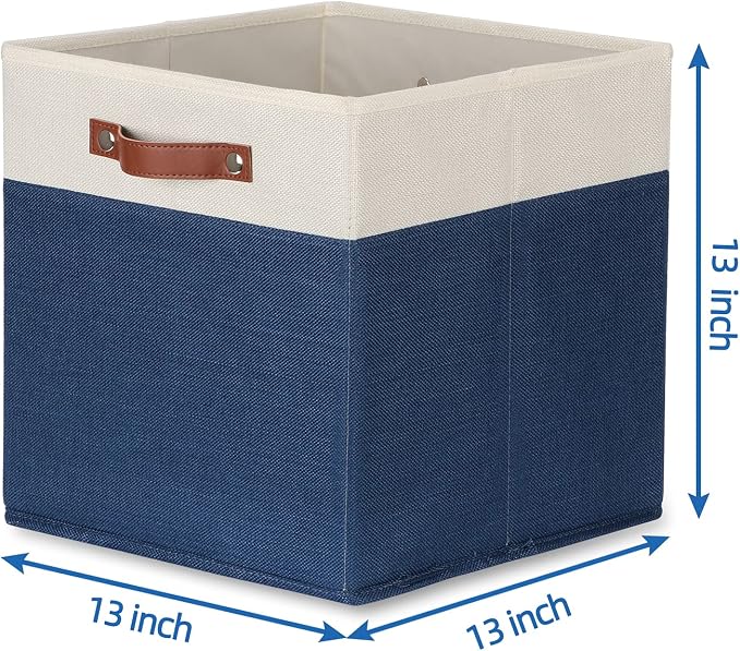 Temary Fabric Storage Bins for Cube Organizer 4 Pack Cube Storage Bins 13 Storage Cubes for Shelves Storage Baskets for Organizing Books, Clothes, Towels (White & Blue, 13x13x13 Inch) - Image 2