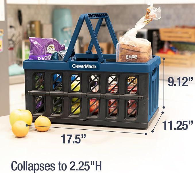 CleverMade Eco Collapsible Shopping Basket with Handles, 24L Ocean, 3 Pack | Keep Groceries Upright in the Car | Rigid Walls Carry 25 lb Each, Stack Securely, and Fold to 2.25 Inches for Storage - Image 4
