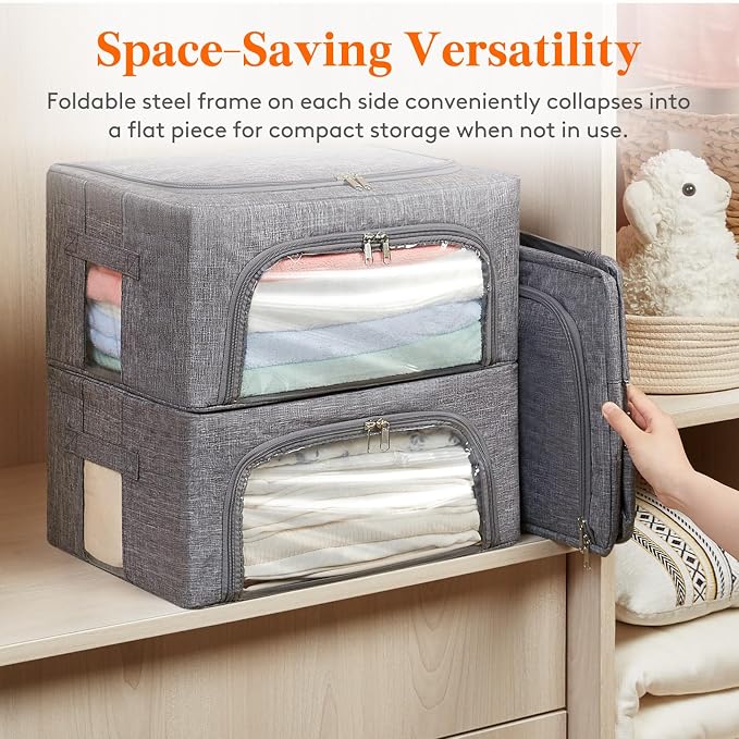 Lifewit Clothes Storage Bins with Metal Frame, Stackable Storage Box, Foldable Clothing Storage Bins with Lids, 25L Storage Bags Fabric Box Organizer with Clear Window＆ Zippers＆ Sturdy Handles 4 Pack - Image 6