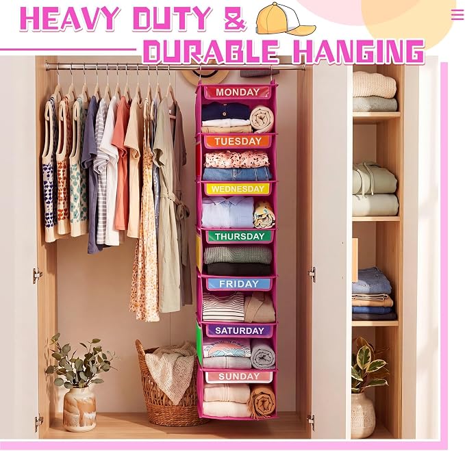 2 Pcs 7 Shelf Weekly Clothes Organizer for Kids Hanging Closet Organizer 11. 8 x 11. 8 x 50 Inch Daily Activity Kids Clothes Storage Drawers Cube Drawers Closet Hanging Shelves(Rose Pink) - Image 6