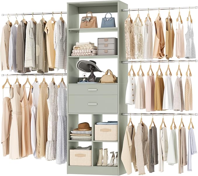 Besiost Closet System, 4-8 FT Closet Organizer Tower with 2 Wooden Drawers and Shelves, Can Fit 60 to 96 inch Walk-in Closet System with 5 Hang Rods, Built-in, Crab Green by Besiost