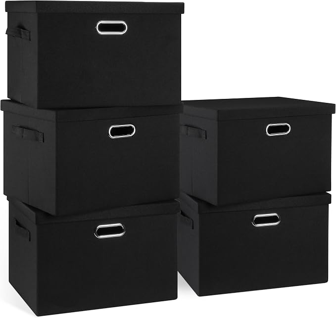 Graciadeco Large 17" 36 Quart Collapsible Stackable Storage Bins with Lids, 5 Packs Black Linen Fabric Closet Boxes with Lids, Storage Cube Baskets Container Organizers for Bedroom Office(17 x12 x11) | 36 Quart 5 Pack Black Collapsible Stackable Linen ... by GraciadecoStorage