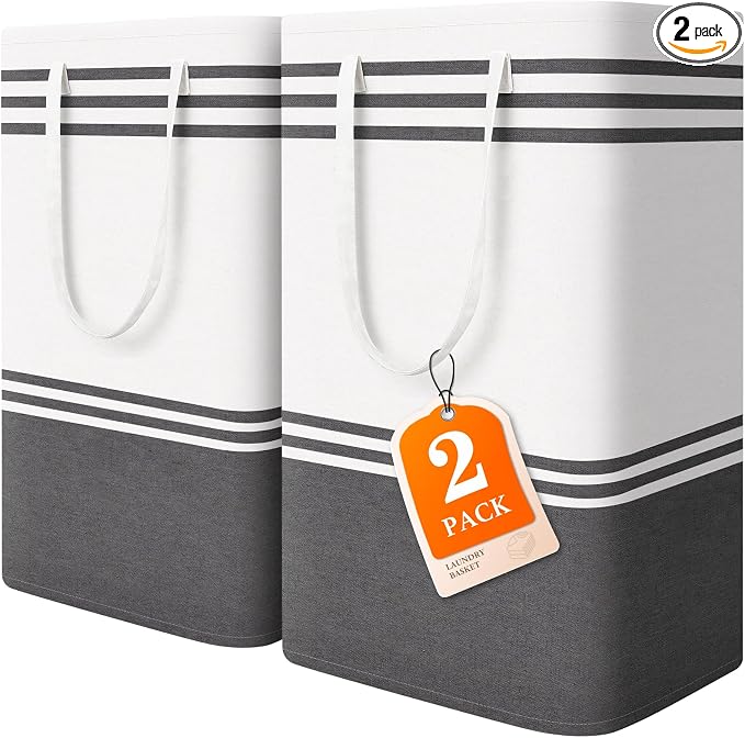2 Pack Large Home Laundry Basket, Laundry Hamper, Freestanding Waterproof Dirty Clothes Bag, Tall Clothes Hamper - Extended & Reinforced Handles for College Dorm, Family (Light Grey/88L) by EpicTotes