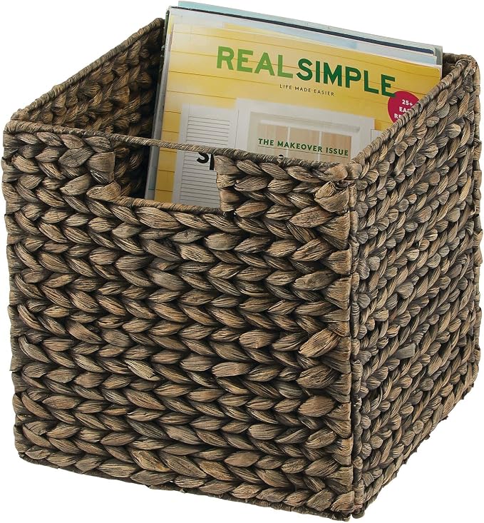 mDesign Natural Woven Hyacinth Cube Organizer Basket with Handles, Storage for Bathroom, Laundry Room Shelf or Nursery - Perfect for Cubby Storage Units - Hold Blankets and Books - 2 Pack, Black Wash - Image 5