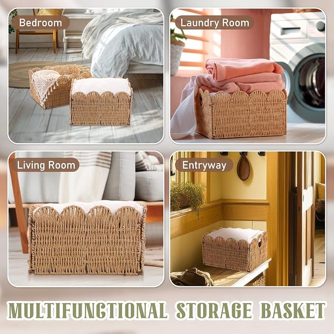 Leinuosen 4 Packs Scalloped Wicker Storage Basket Paper Rope Pantry Baskets for Shelves Organizing Toilet Paper Foldable Rattan Cube Storage Bins Boho Organizer Bins for Home, 13 x 11 x 7.9 Inches - Image 4
