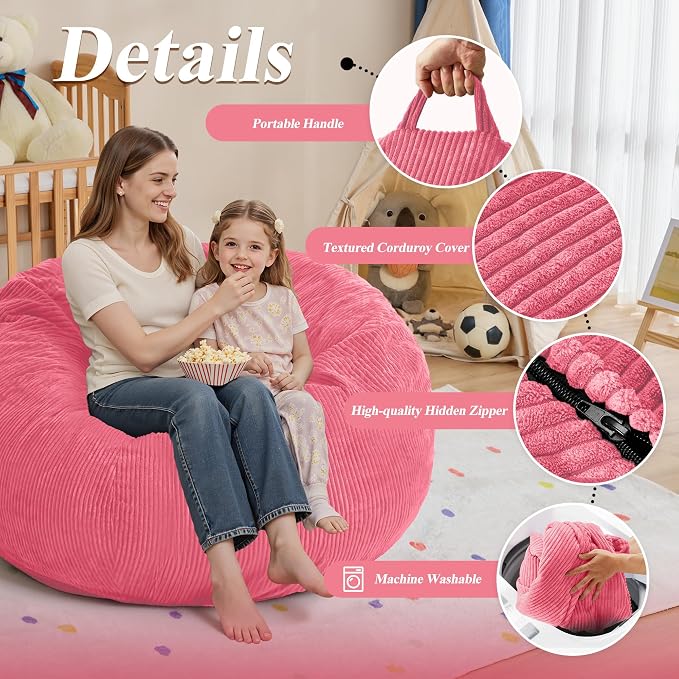 4FT Bean Bag Chair for Adults,Large Teardrop Beanbag with Filler | Beanbag Chair with Memory Foam Filled,Bean Bags with Handy Handle&Machine Washable Cover for Living Room,Bedroom-Pink - Image 5