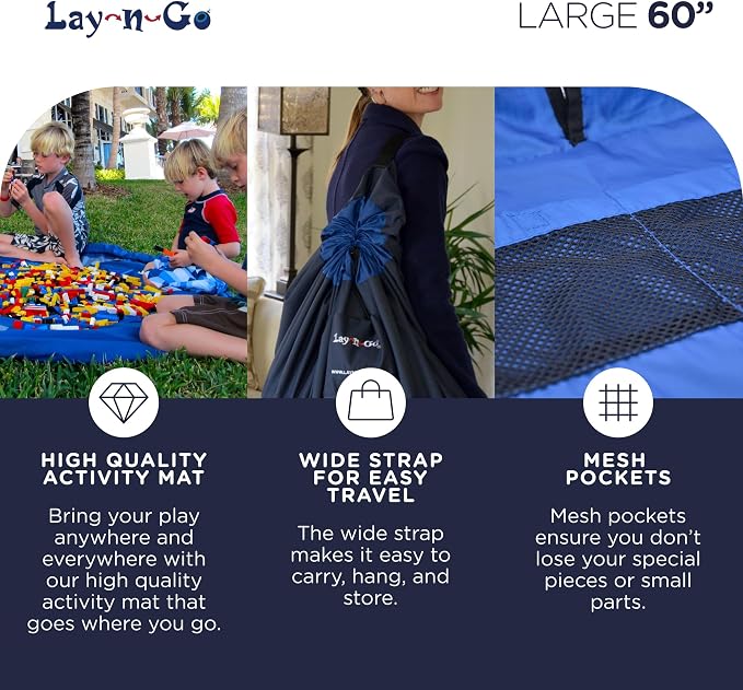 Lay-n-Go Layflat Portable Drawstring Cinch Storage Toy & Mini Figures Organizer & Play Mat, Mesh Pockets, Home & Travel, Kids & Toddlers Playdates, 2 Straps for Backpack, Durable, Machine Washable - Image 5
