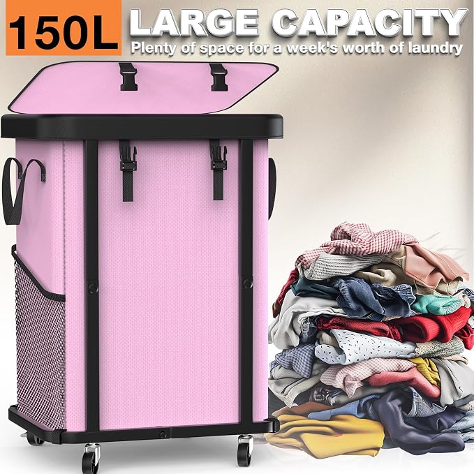 Laundry Basket with Wheels,150L (40 Gal) Rolling Hamper Carts - Pink | Leather Patchwork Laundry Hamper,Sturdy Metal Frame, Removable Washable Bag, Tall Clothes Sorter for Bedroom, Laundry Room - Image 2