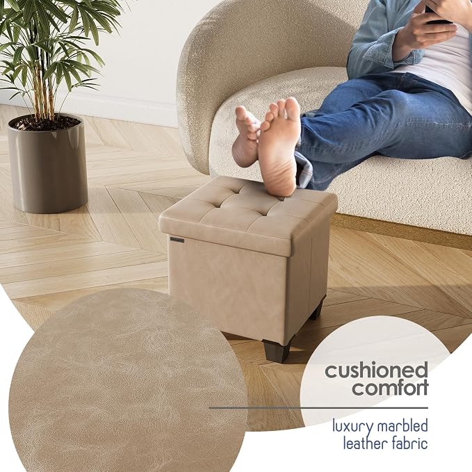 Storage Ottoman Cube with Small Bin, 15-in Square Ottoman with Storage for Living Room and Bedroom, Small Ottomans Foot Rest, Leather Foot Stools Ottomans Max 330lbs, Taupe - Image 7